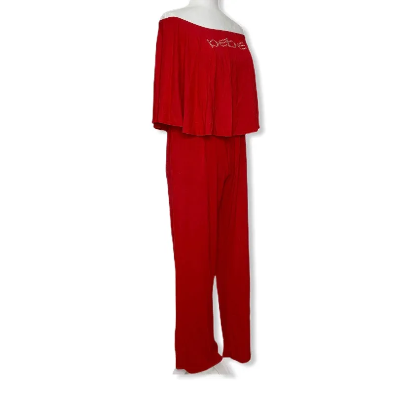 Embellished Logo Red Strapless Wide Leg Women's Jumpsuits