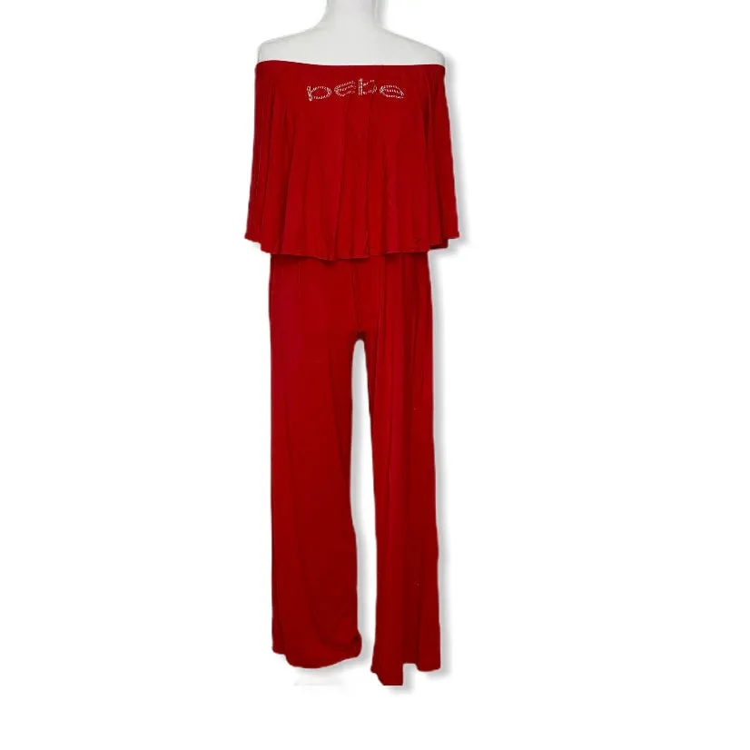 Embellished Logo Red Strapless Wide Leg Women's Jumpsuits