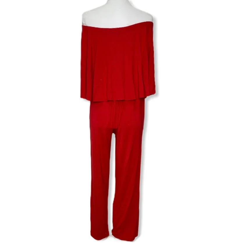 Embellished Logo Red Strapless Wide Leg Women's Jumpsuits