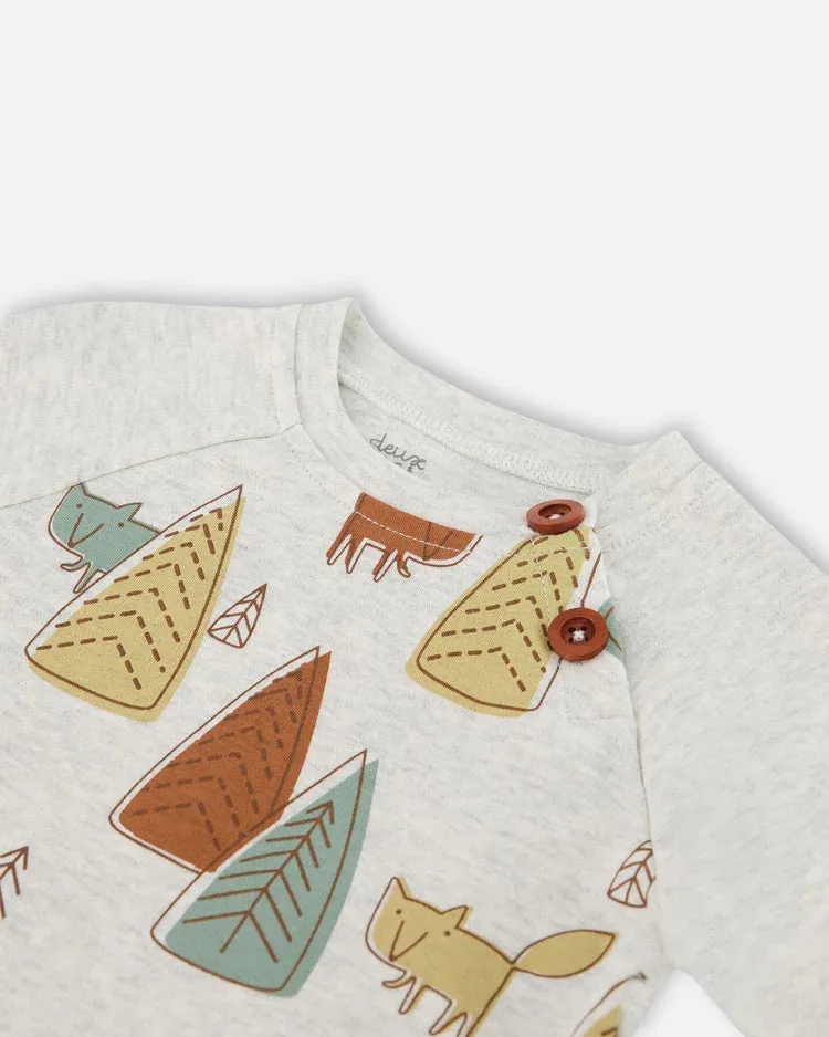 Ensemble haut beige chiné imprimé de petits renards et pantalon vert cendré en coton biologique - Deux par Deux