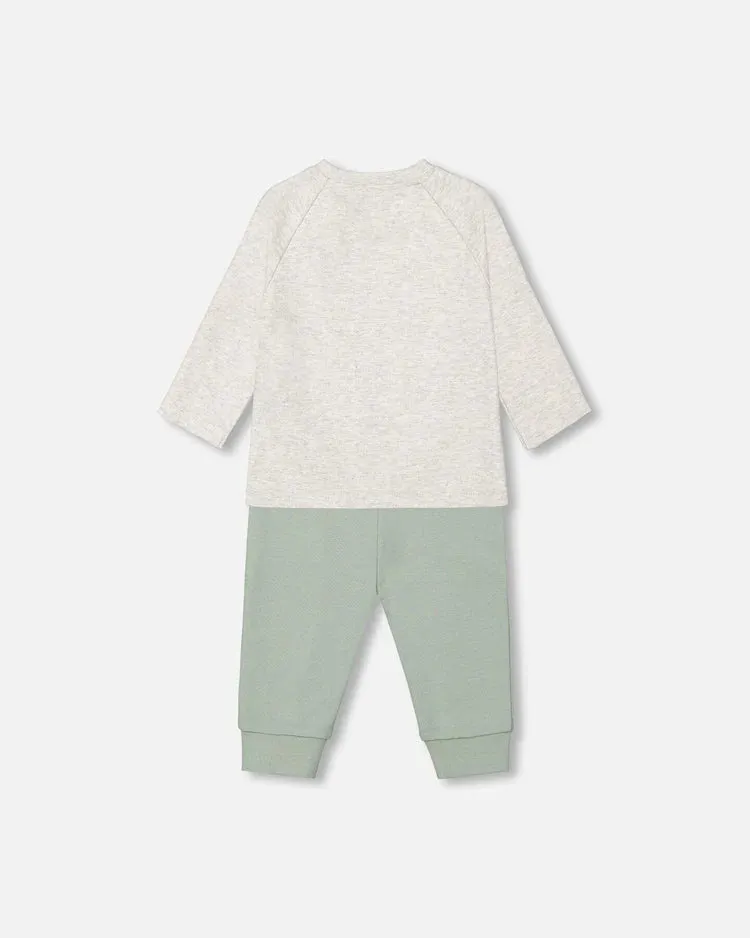 Ensemble haut beige chiné imprimé de petits renards et pantalon vert cendré en coton biologique - Deux par Deux