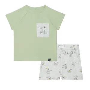 Ensemble haut vert tendre et short beige chiné avec imprimé d'alligators en coton biologique - Deux par Deux