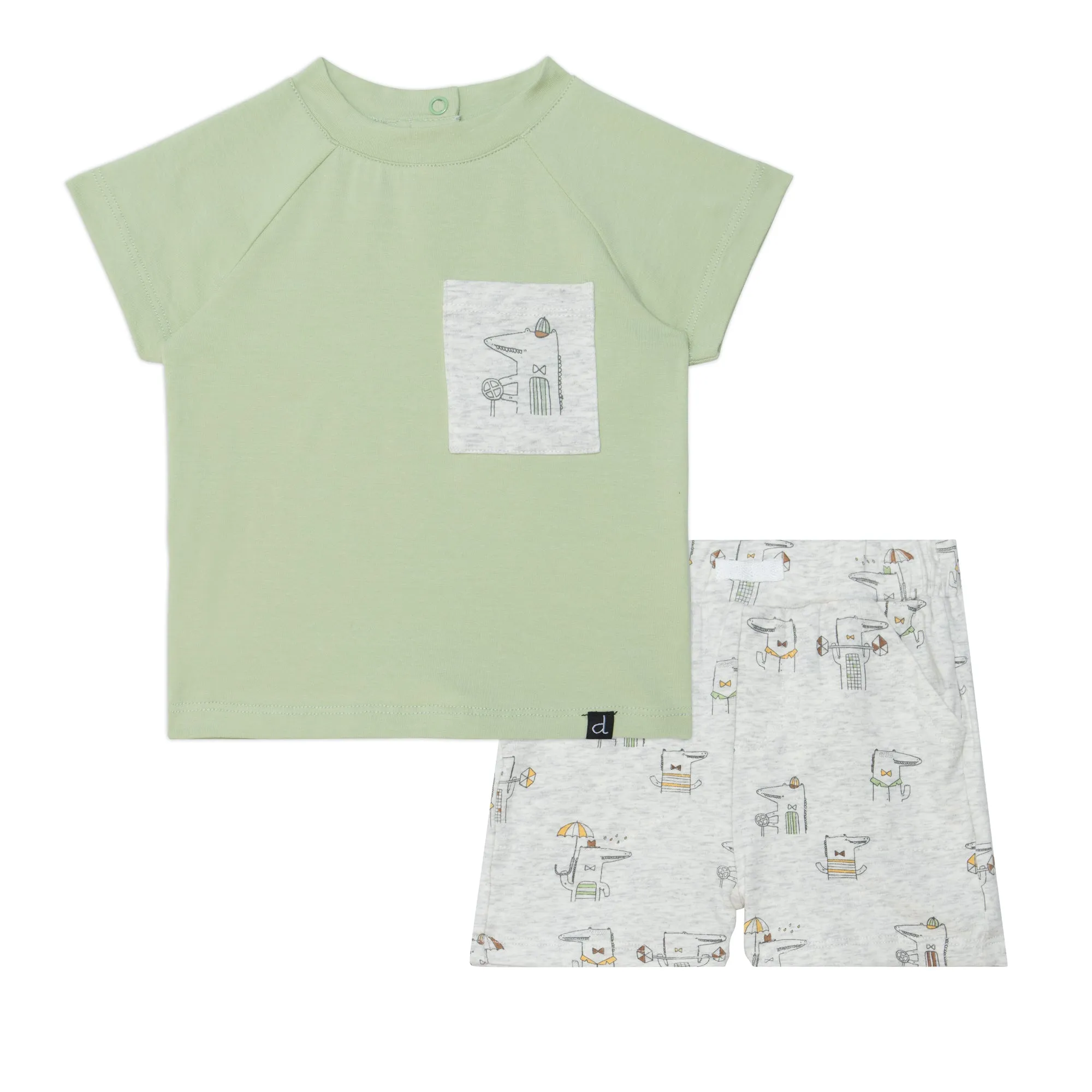 Ensemble haut vert tendre et short beige chiné avec imprimé d'alligators en coton biologique - Deux par Deux