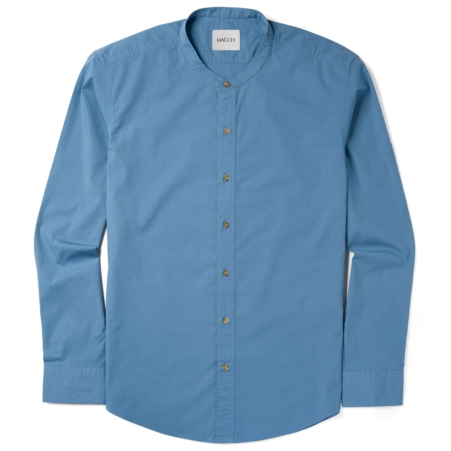 Essential Band Collar Button Down Shirt - Steel Blue Cotton Stretch Poplin
