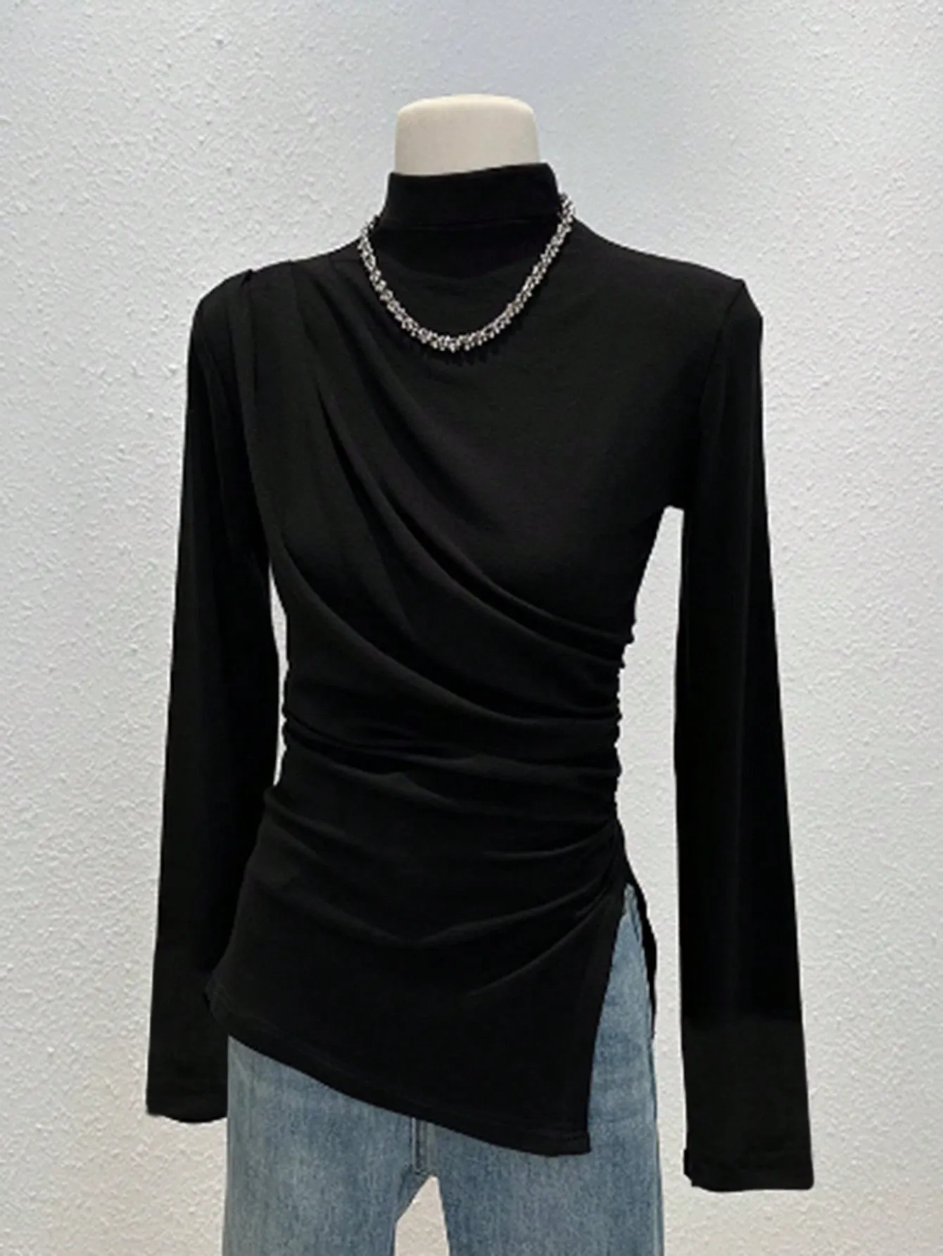 Essnce Women High Neck Plain Casual Black Long Sleeve T-Shirt With Side Ruched Slit