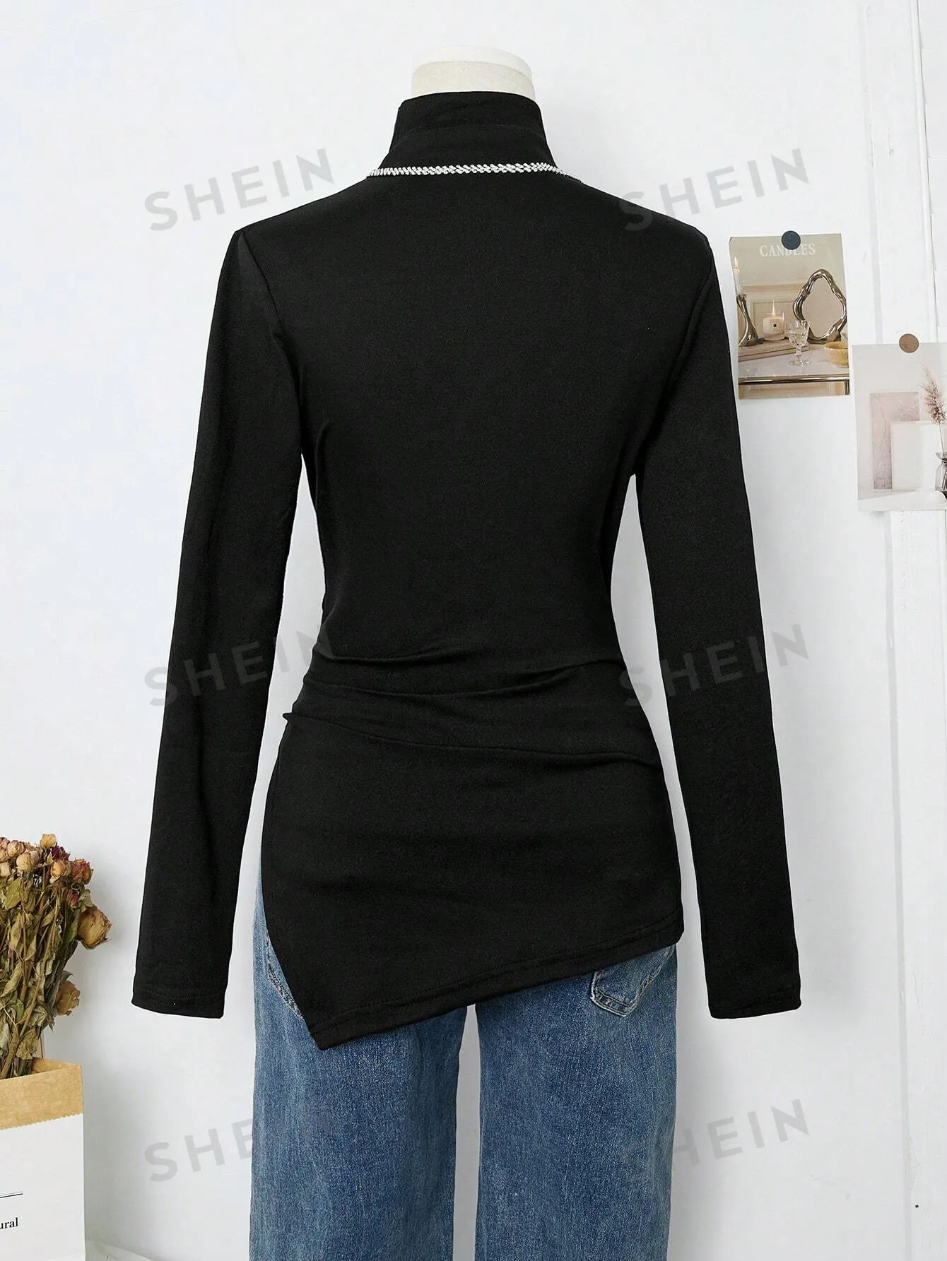 Essnce Women High Neck Plain Casual Black Long Sleeve T-Shirt With Side Ruched Slit