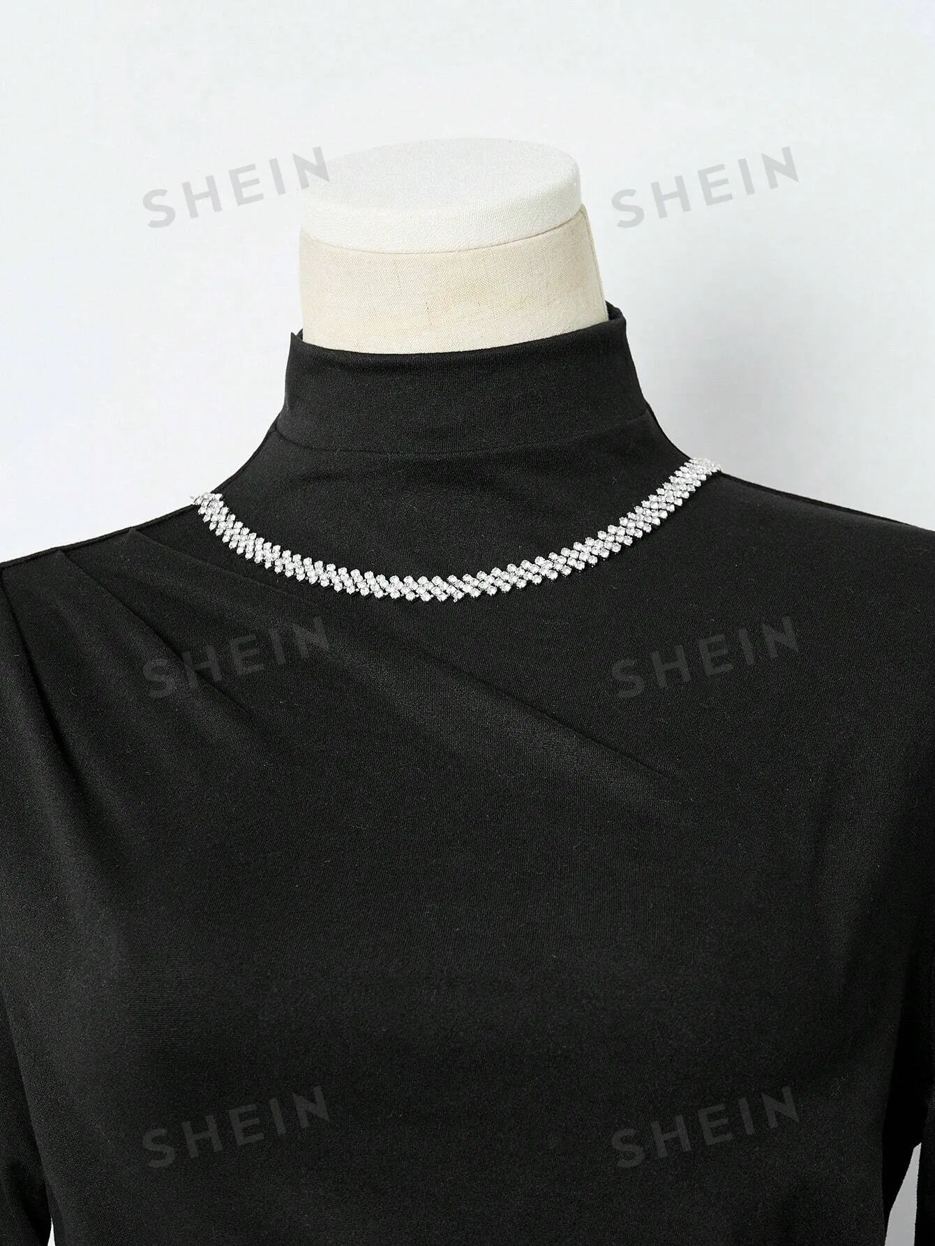 Essnce Women High Neck Plain Casual Black Long Sleeve T-Shirt With Side Ruched Slit