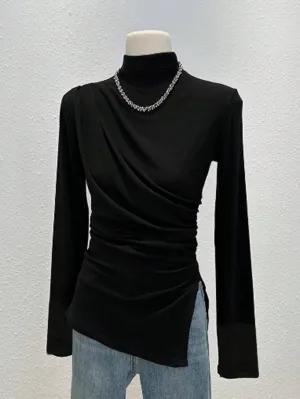 Essnce Women High Neck Plain Casual Black Long Sleeve T-Shirt With Side Ruched Slit