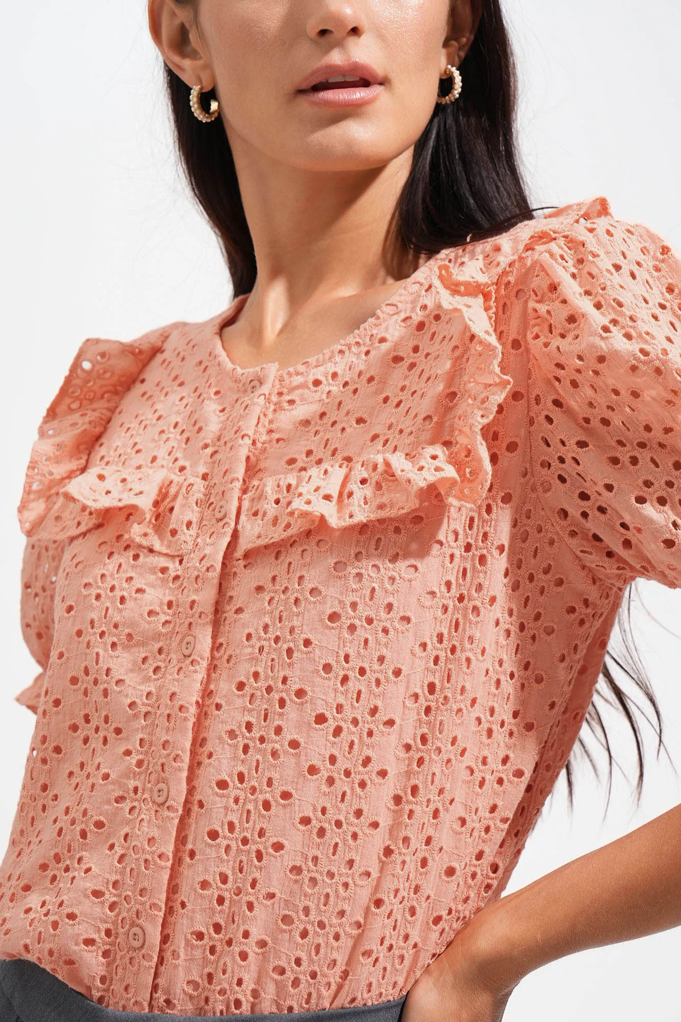 Eyelet Ruffled Button Down Top