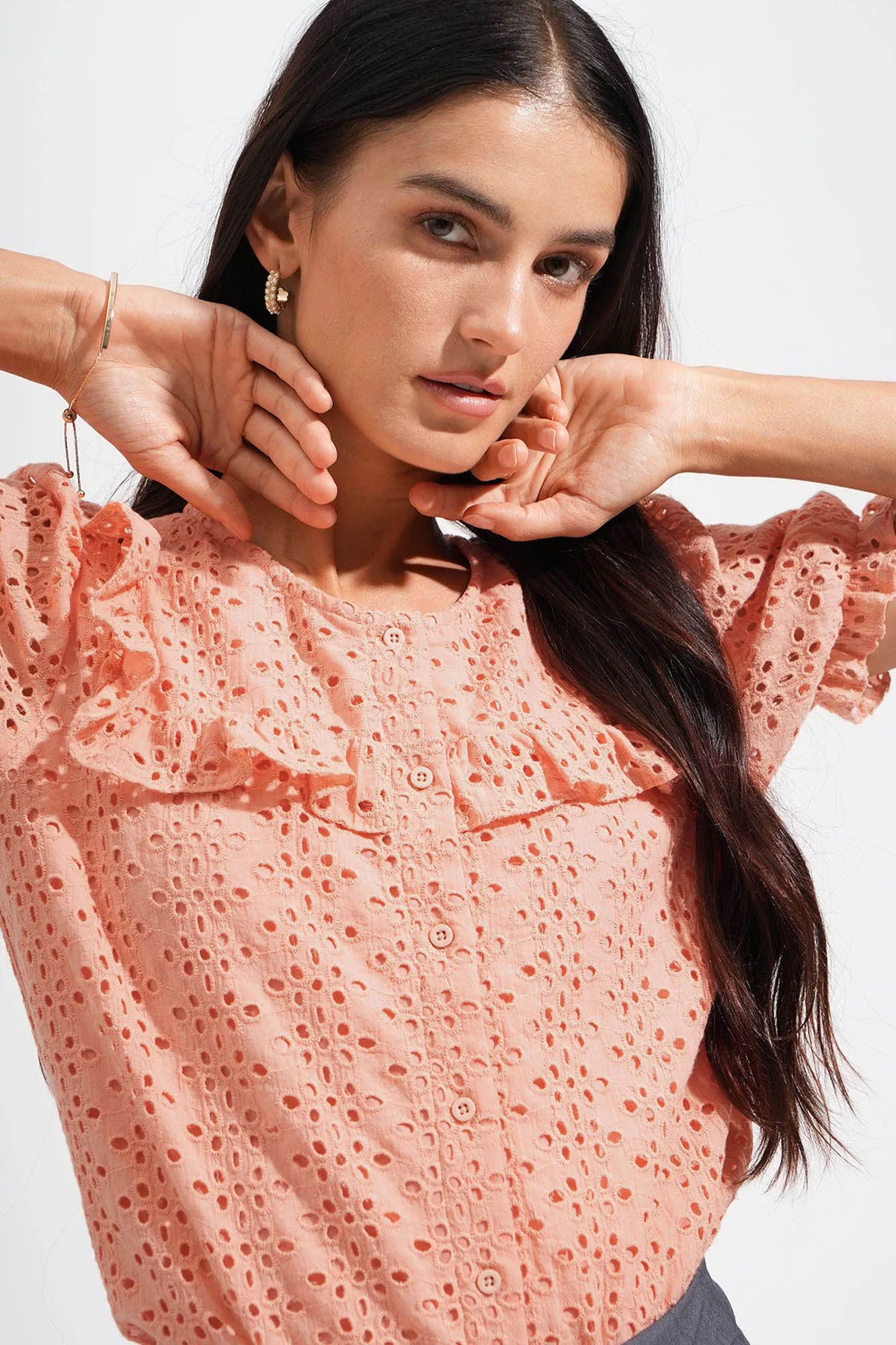 Eyelet Ruffled Button Down Top