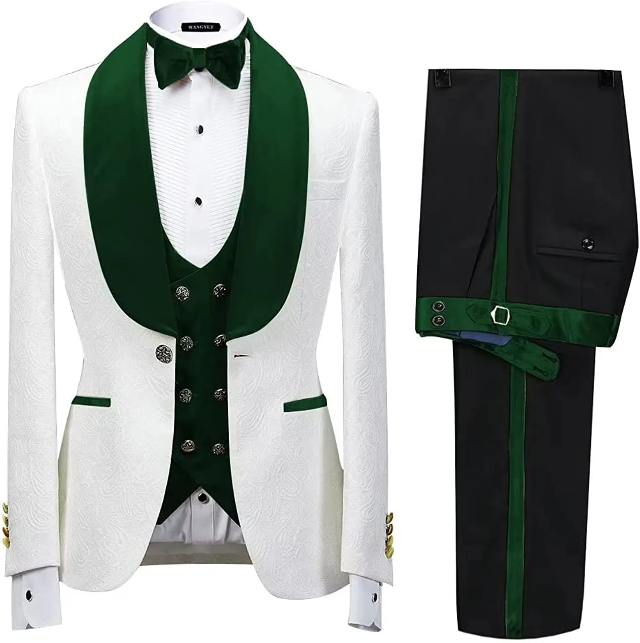 Fashion Green Shawl Lapel 3 Piece Jacquard Wedding Suit