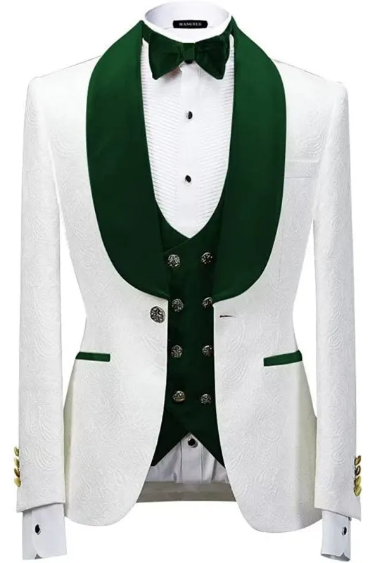 Fashion Green Shawl Lapel 3 Piece Jacquard Wedding Suit