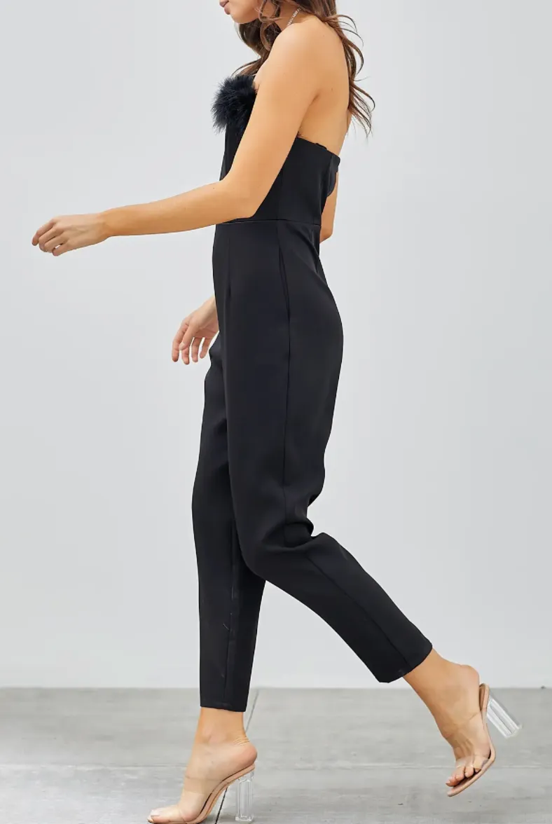 Feather Trim Strapless Jumpsuit