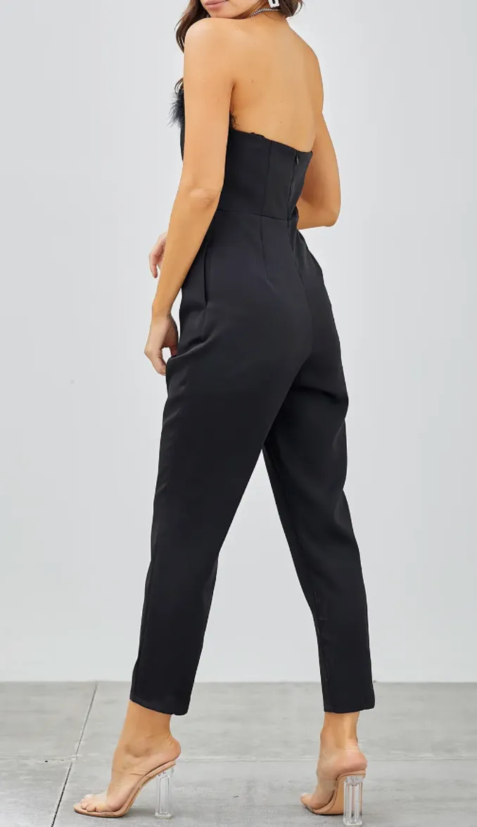 Feather Trim Strapless Jumpsuit
