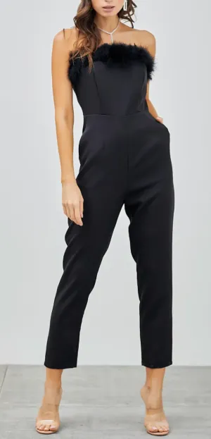 Feather Trim Strapless Jumpsuit