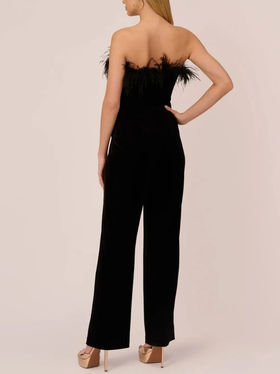 Feather Trimmed Strapless Velvet Jumpsuit