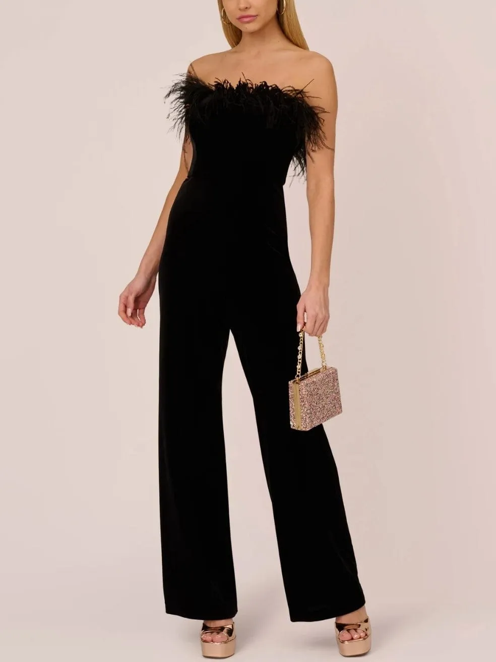 Feather Trimmed Strapless Velvet Jumpsuit