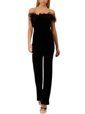Feather Trimmed Strapless Velvet Jumpsuit