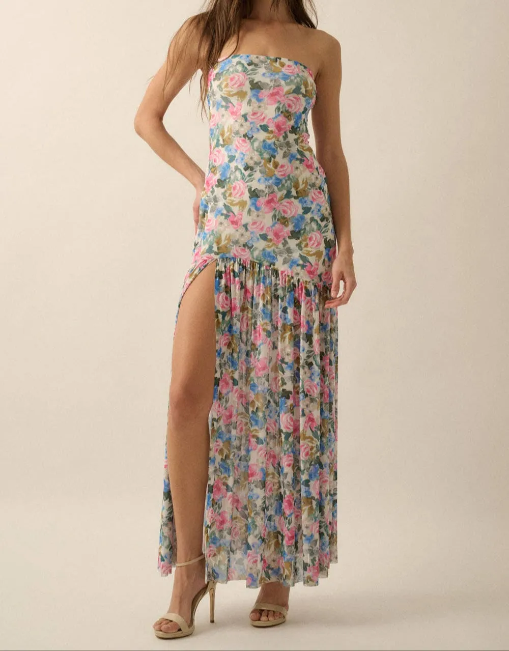 Fiona Floral Mesh Strapless Maxi Dress