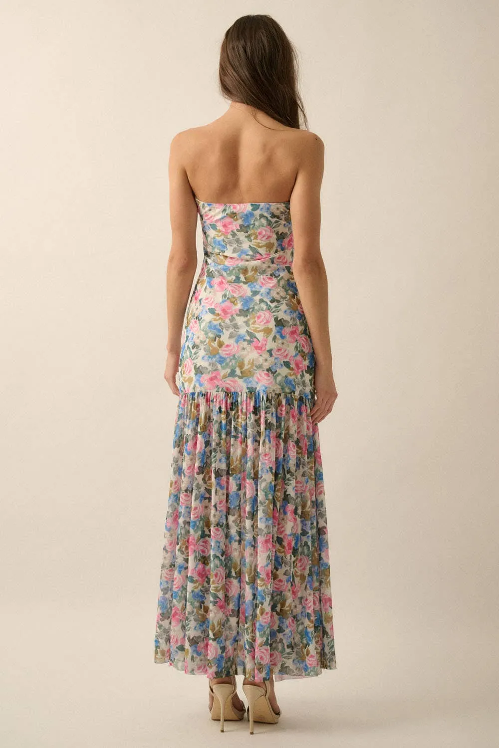 Fiona Floral Mesh Strapless Maxi Dress