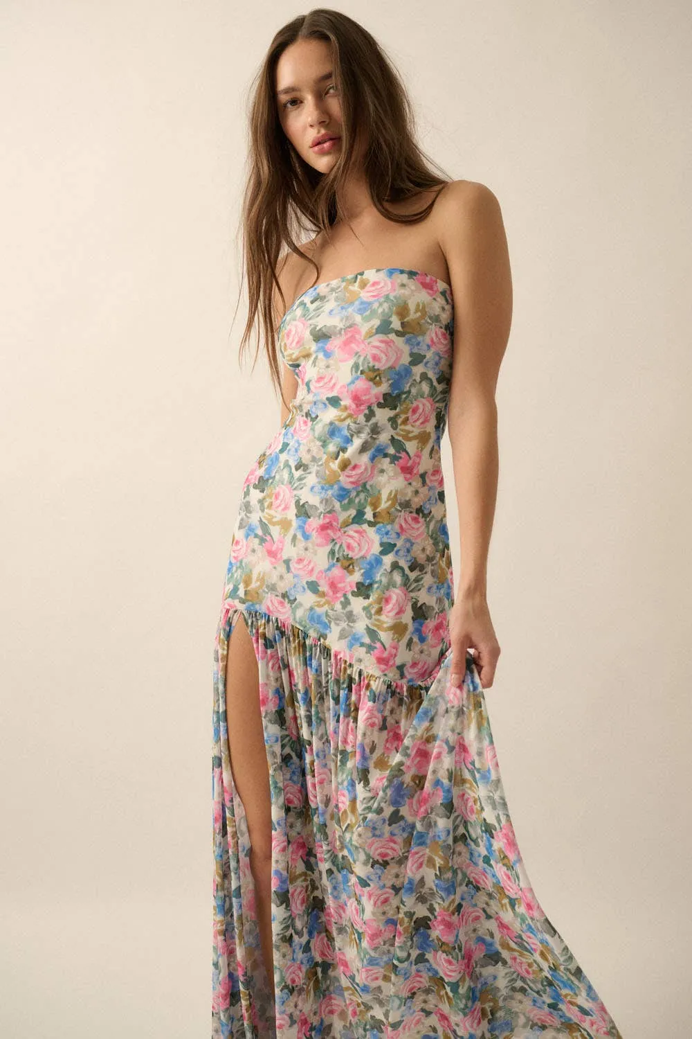 Fiona Floral Mesh Strapless Maxi Dress