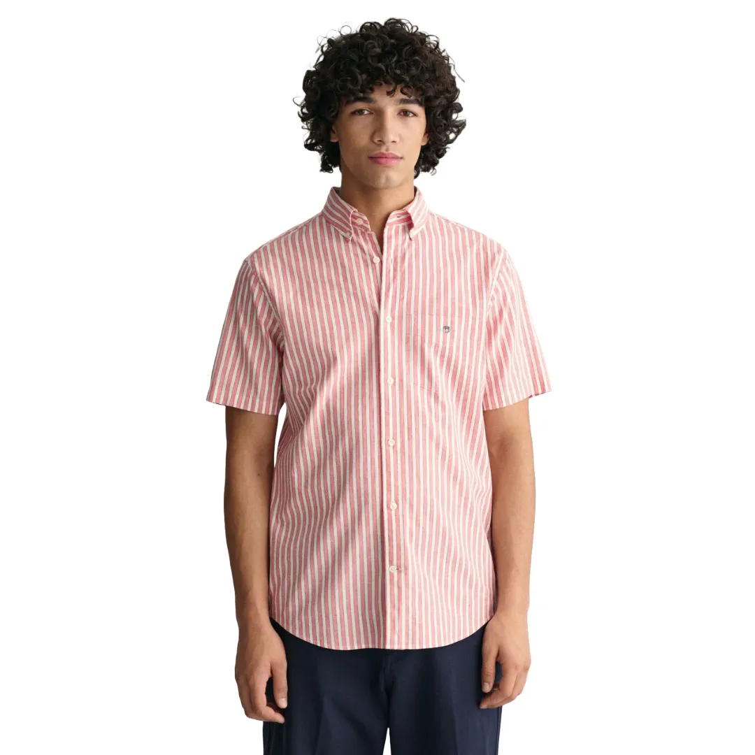 Gant Striped Cotton Linen Short Sleeve Shirt - Pink