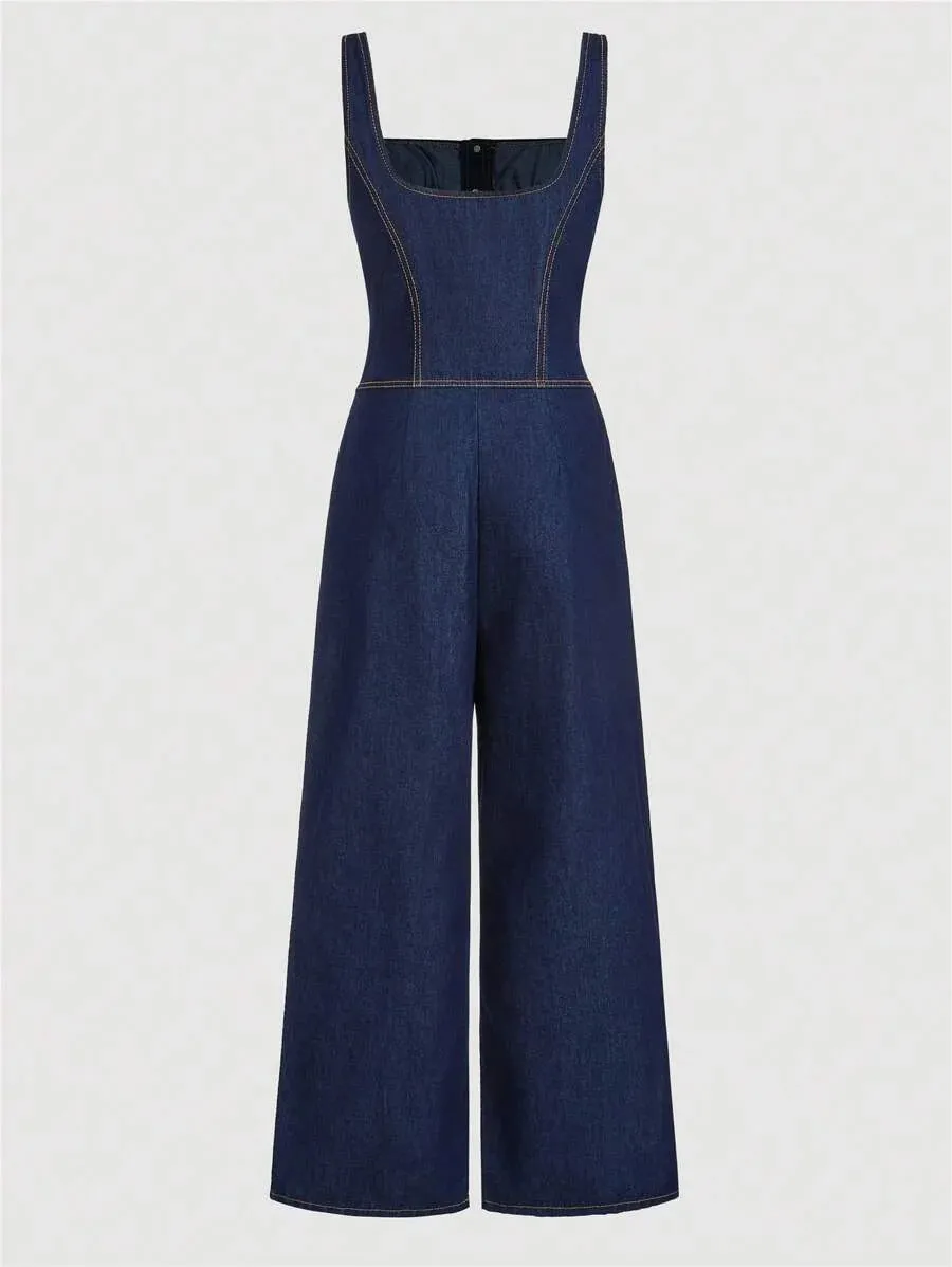 Ginetta Casual Denim Tank – High Waist Square Neck – Blue