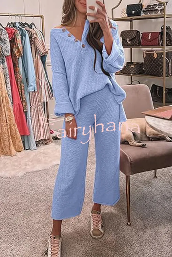 Heather Hailey Solid Color Casual Button V Neck Top and Pant Two Piece Set
