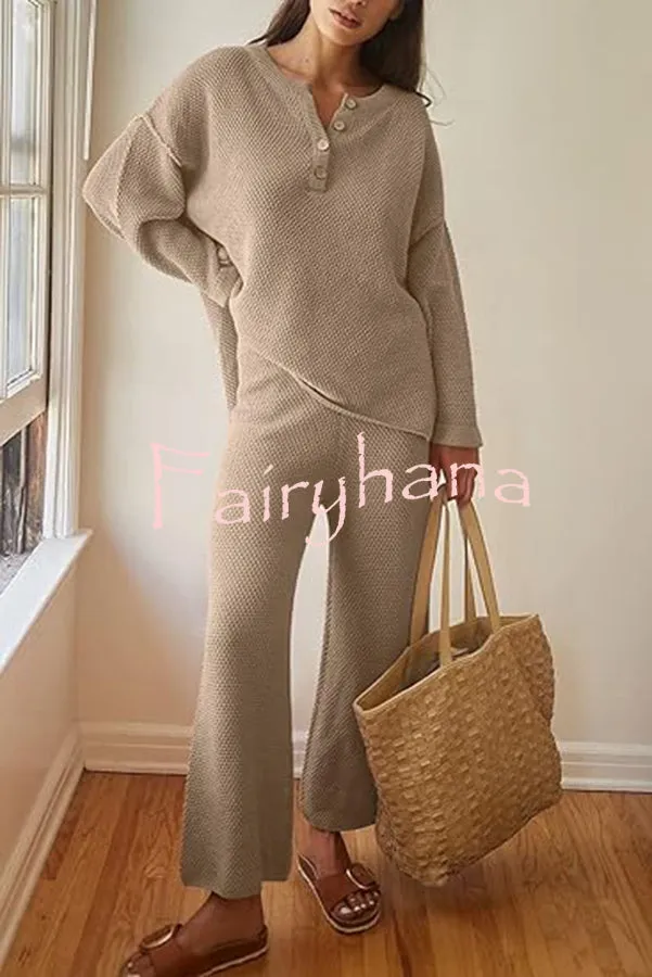 Heather Hailey Solid Color Casual Button V Neck Top and Pant Two Piece Set