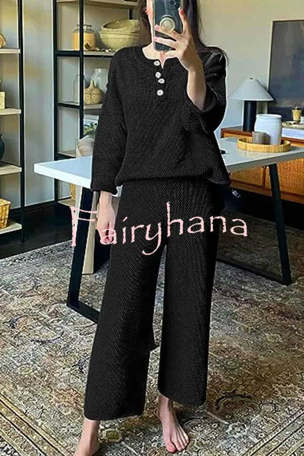 Heather Hailey Solid Color Casual Button V Neck Top and Pant Two Piece Set