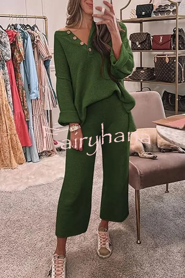 Heather Hailey Solid Color Casual Button V Neck Top and Pant Two Piece Set