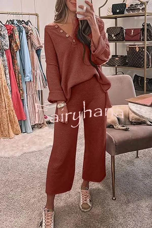 Heather Hailey Solid Color Casual Button V Neck Top and Pant Two Piece Set