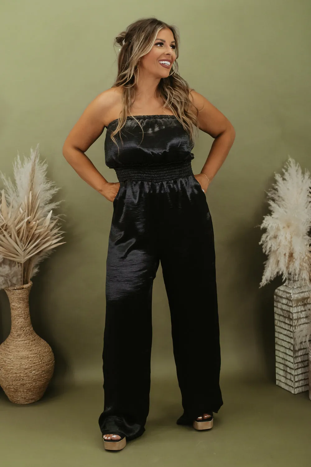 Here To Impress Satin Jumpsuit, Black