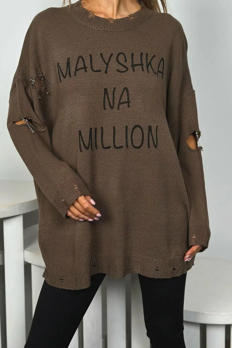 HWQ1222 Letter Print Ripped Sweater