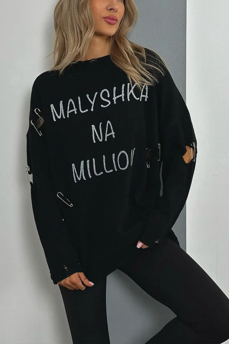 HWQ1222 Letter Print Ripped Sweater