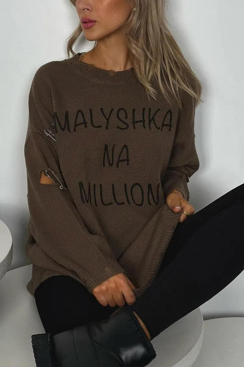 HWQ1222 Letter Print Ripped Sweater