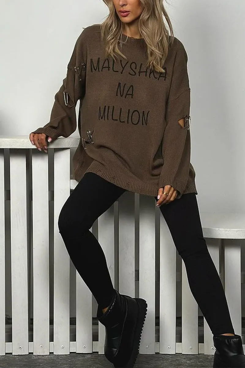 HWQ1222 Letter Print Ripped Sweater