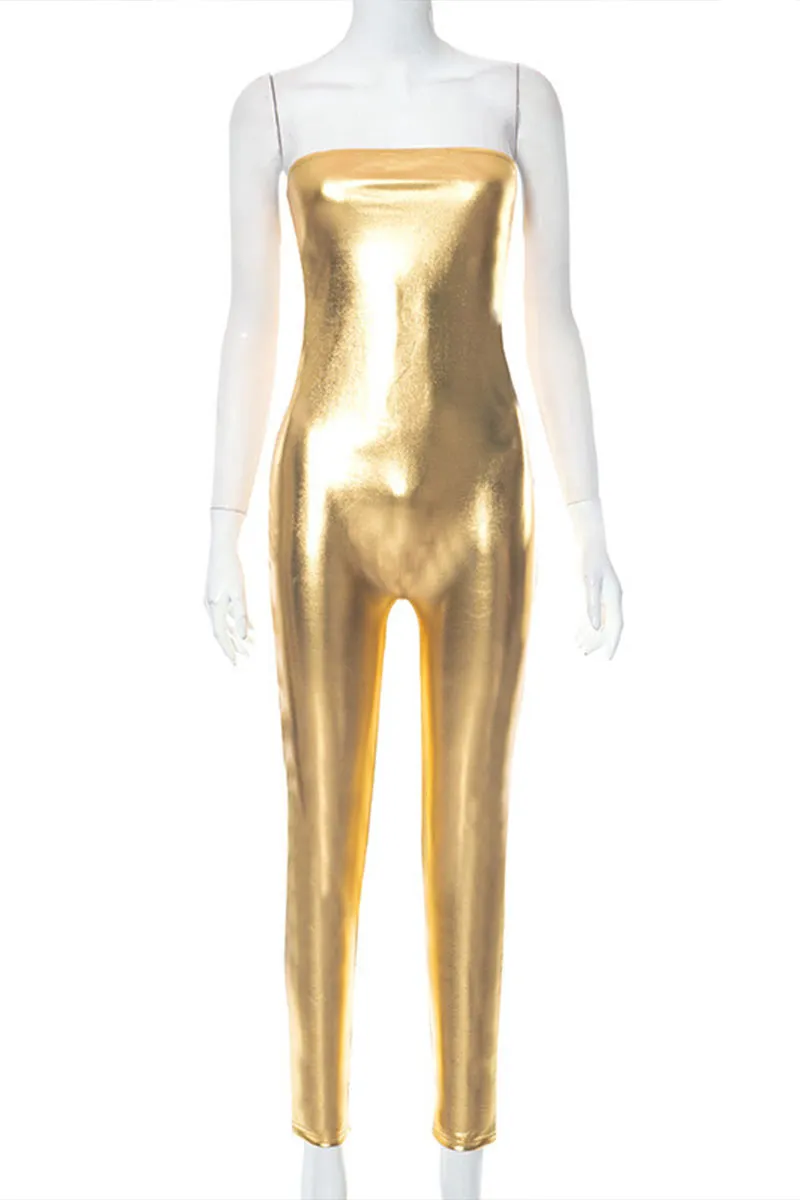 JG0178 Metallic Strapless Jumpsuits