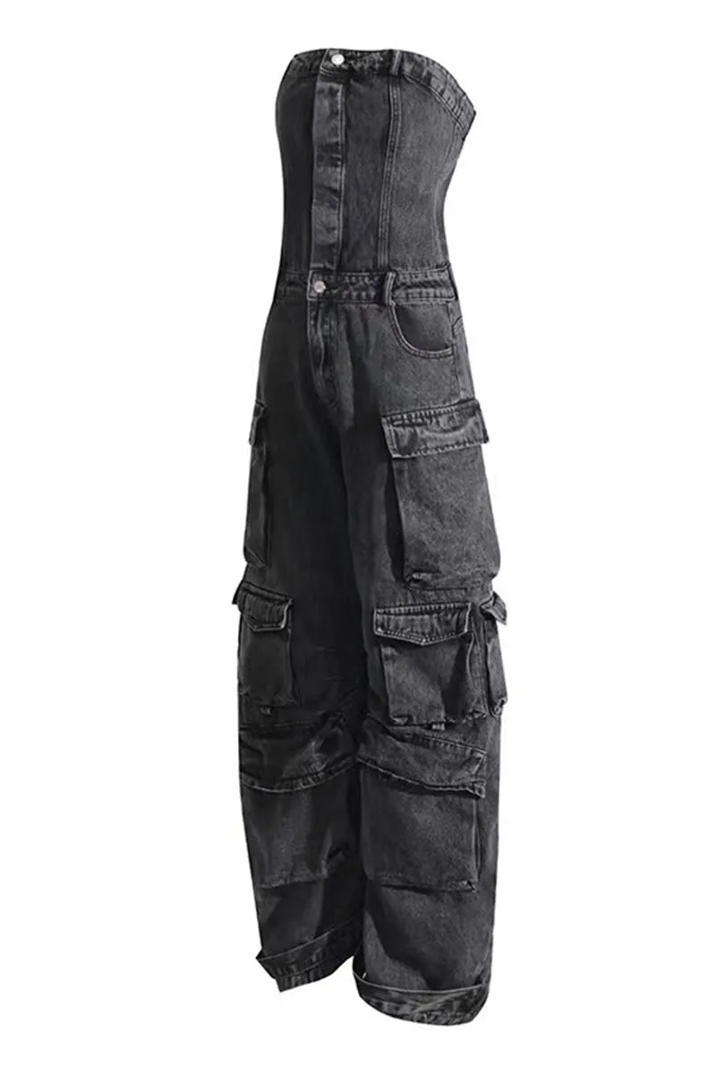 JQ3298 Denim Cargo Jumpsuits