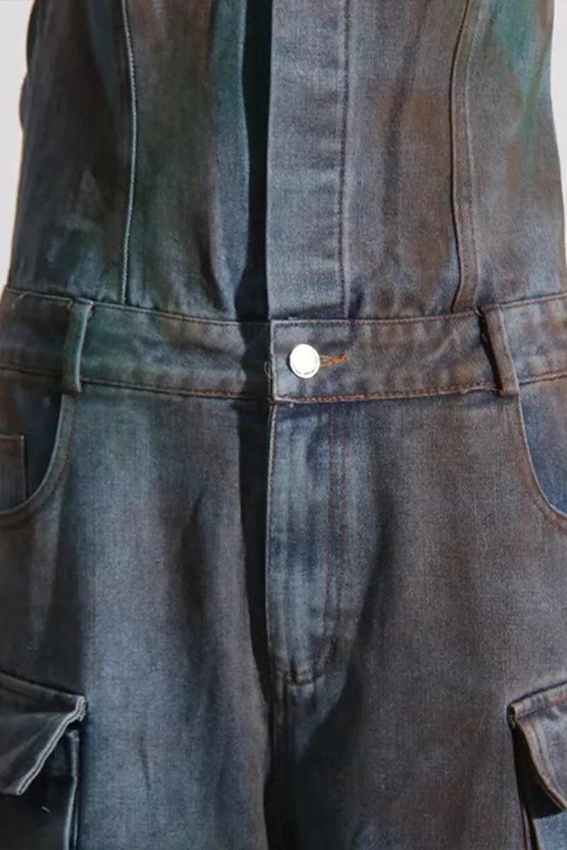 JQ3298 Denim Cargo Jumpsuits