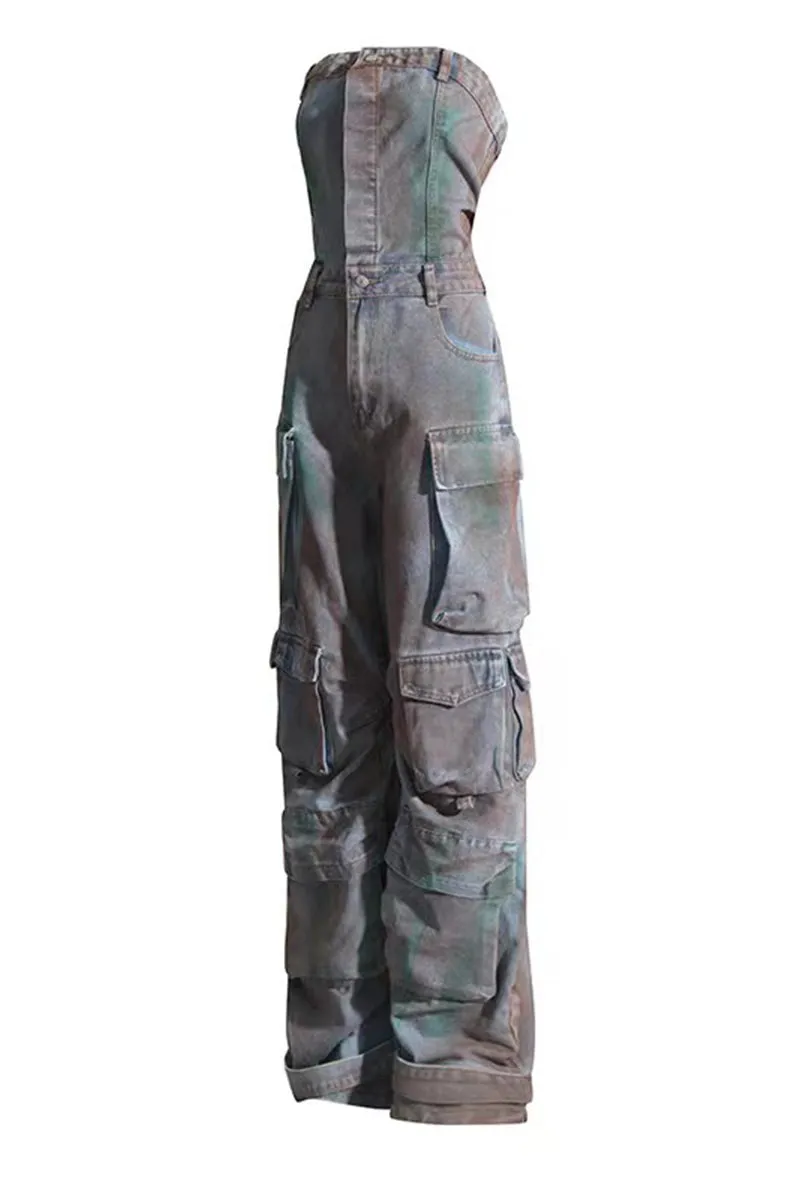 JQ3298 Denim Cargo Jumpsuits
