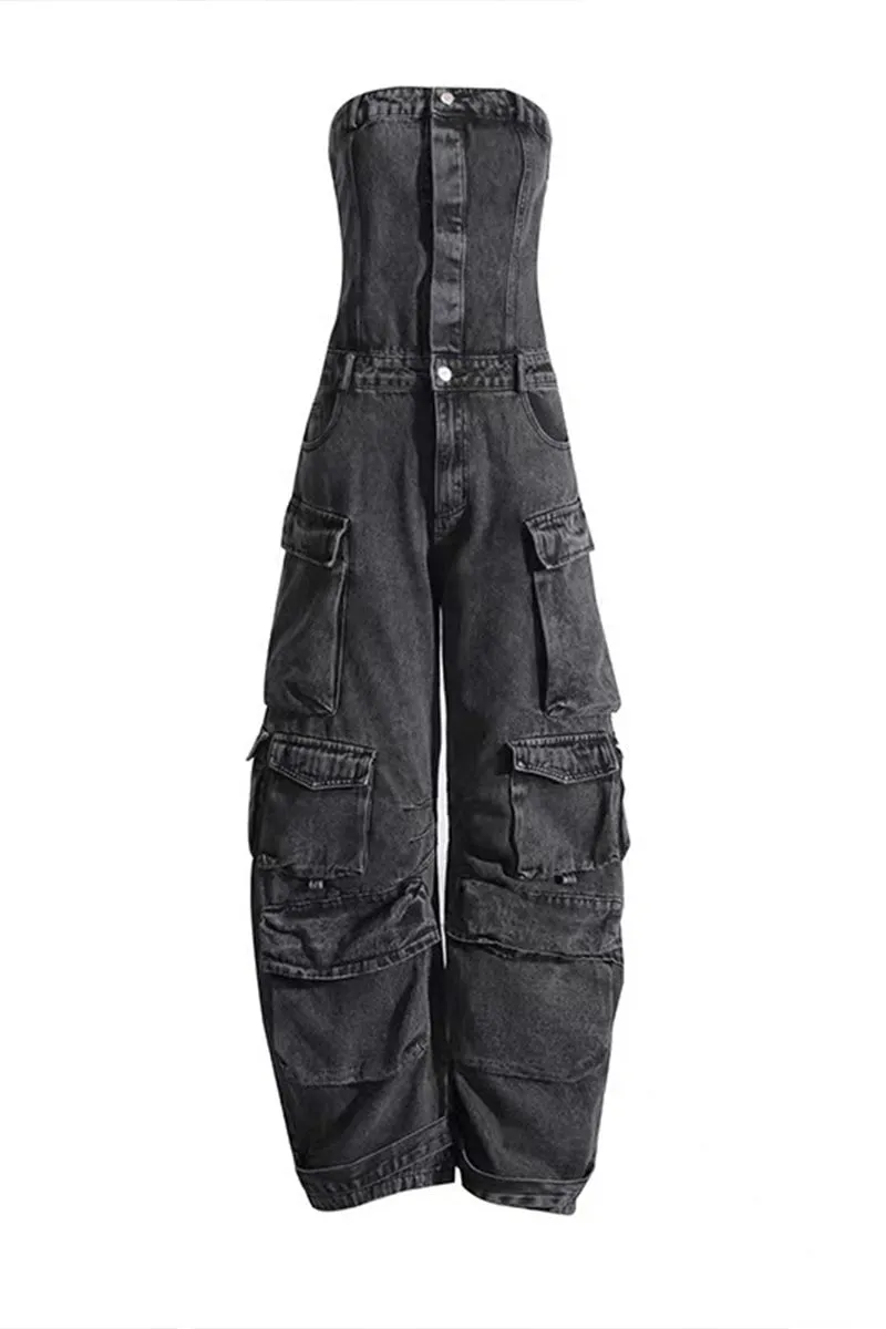 JQ3298 Denim Cargo Jumpsuits