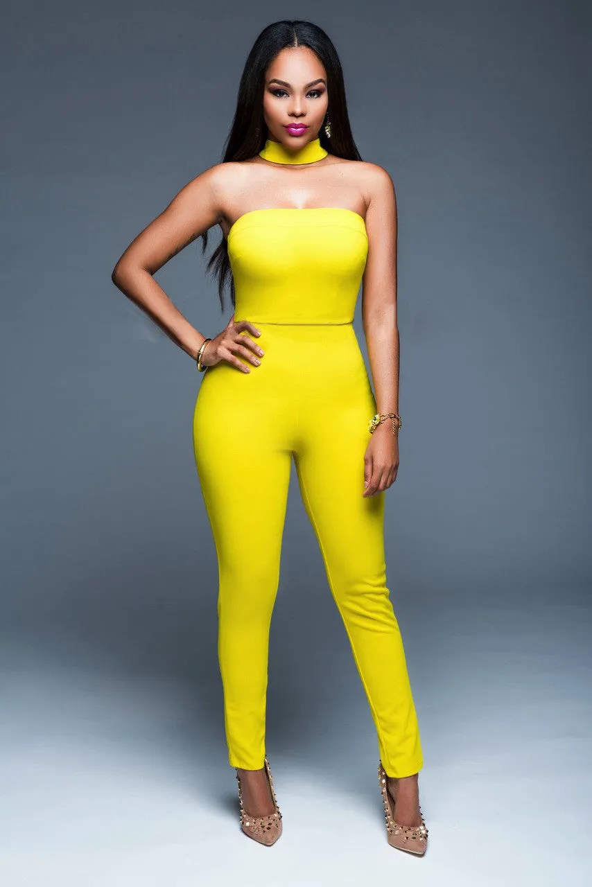Jumpsuit Strapless Bodysuit Black Yellow Skinny Long Pants Night Club