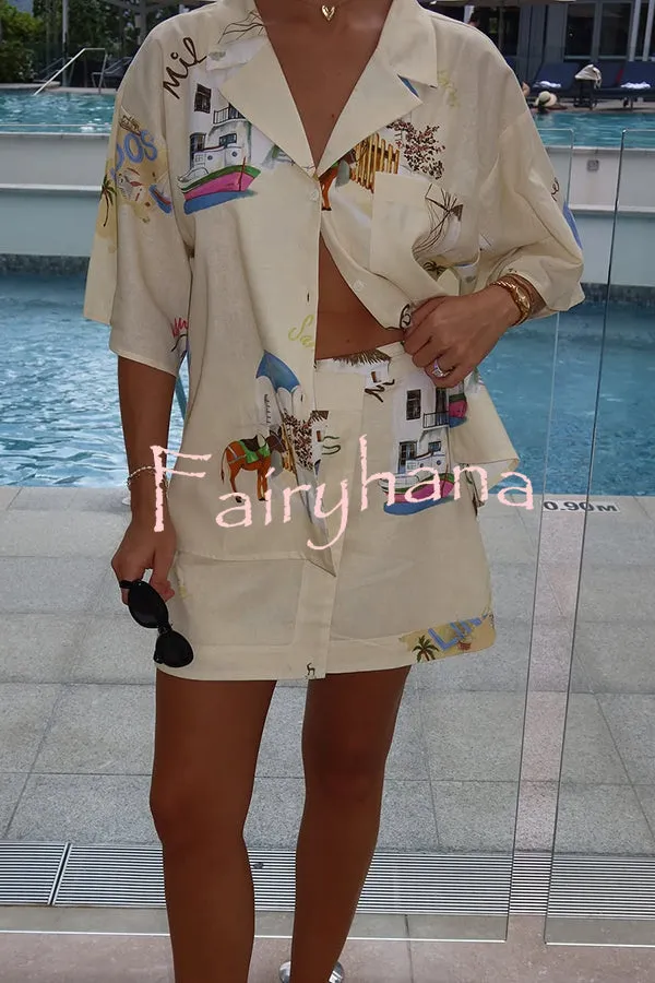 Kea Linen Blend Unique Print Short Sleeve Shirt and High Rise Wrap Panel Miniskirt Set