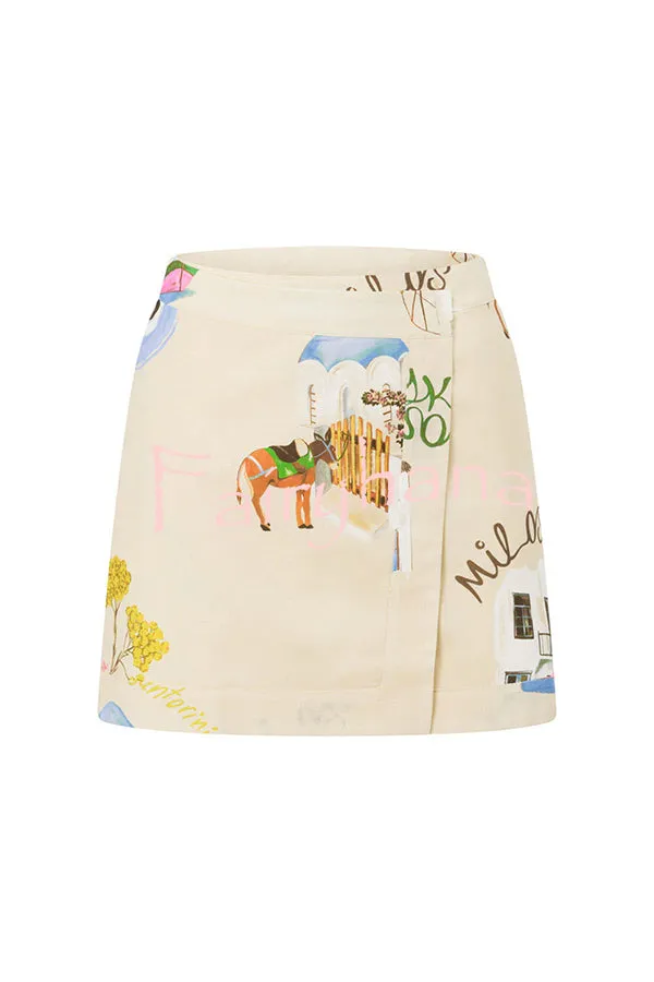 Kea Linen Blend Unique Print Short Sleeve Shirt and High Rise Wrap Panel Miniskirt Set