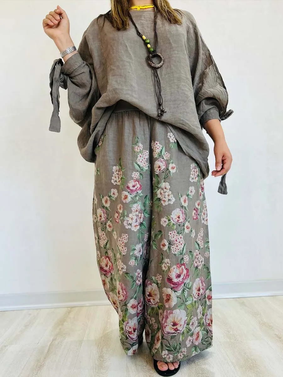 Ladies Solid Color Round Neck Casual Lace-up Long Sleeve Printed Wide Leg Pants Linen Two-piece Suit