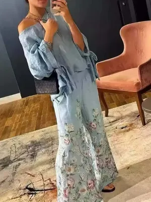 Ladies Solid Color Round Neck Casual Lace-up Long Sleeve Printed Wide Leg Pants Linen Two-piece Suit