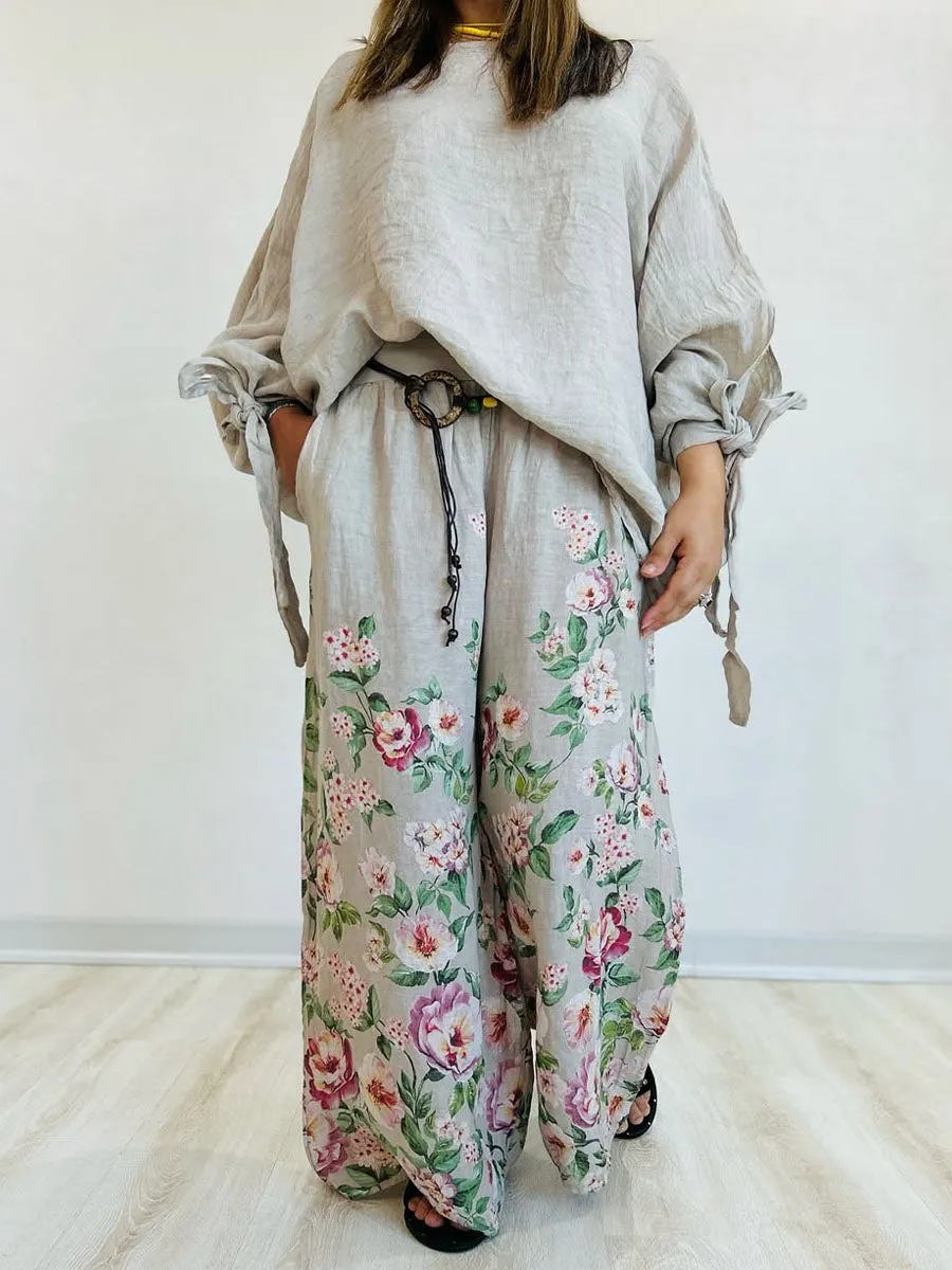 Ladies Solid Color Round Neck Casual Lace-up Long Sleeve Printed Wide Leg Pants Linen Two-piece Suit
