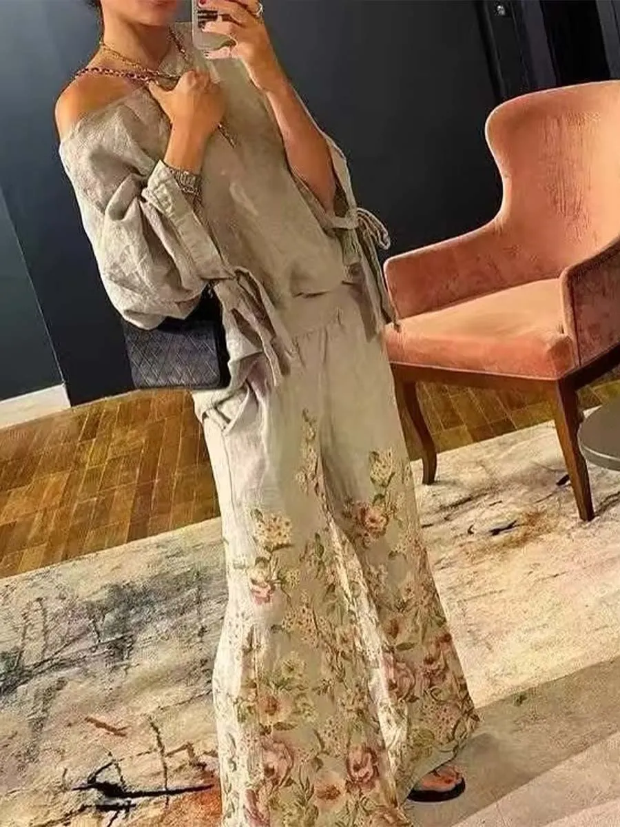 Ladies Solid Color Round Neck Casual Lace-up Long Sleeve Printed Wide Leg Pants Linen Two-piece Suit