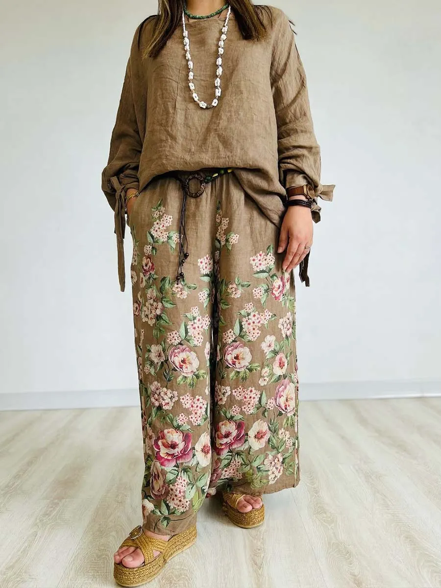 Ladies Solid Color Round Neck Casual Lace-up Long Sleeve Printed Wide Leg Pants Linen Two-piece Suit